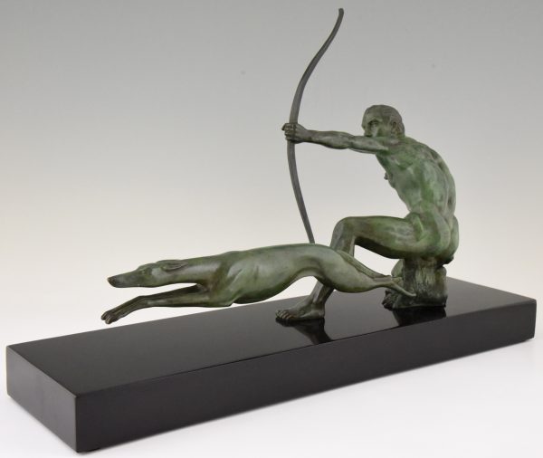 Art Deco bronze sculpture of an archer with hunting dog.