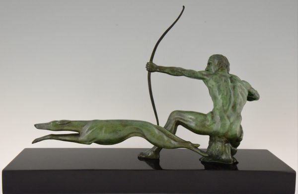Art Deco bronze sculpture of an archer with hunting dog.