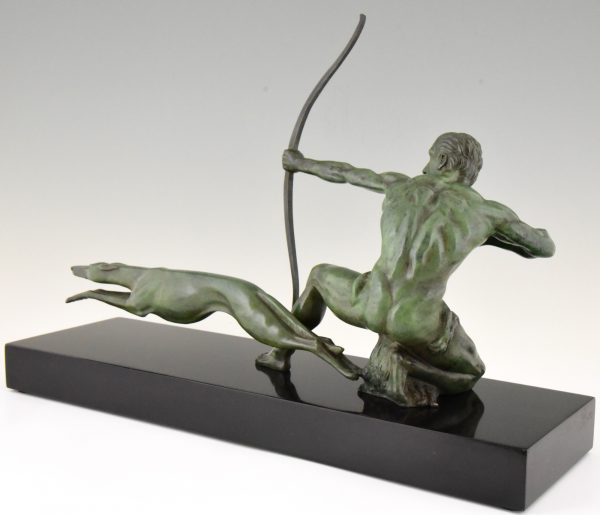 Art Deco bronze sculpture of an archer with hunting dog.