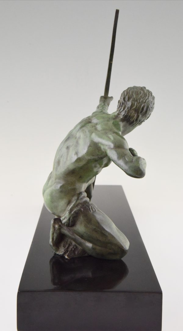 Art Deco bronze sculpture of an archer with hunting dog.