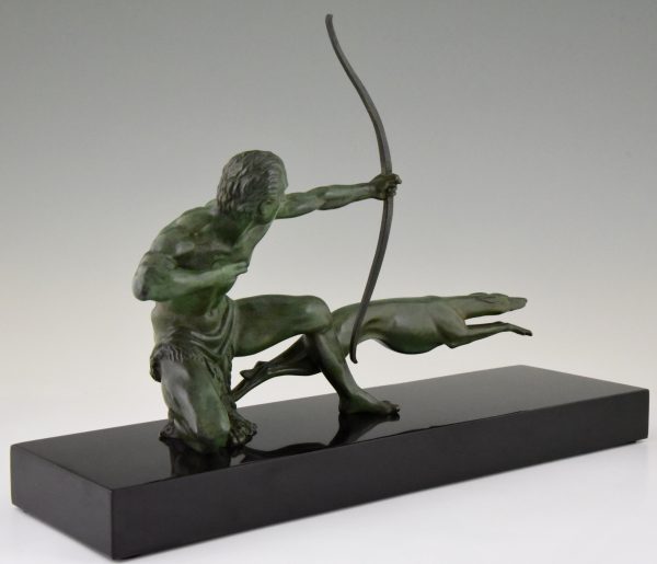 Art Deco bronze sculpture of an archer with hunting dog.