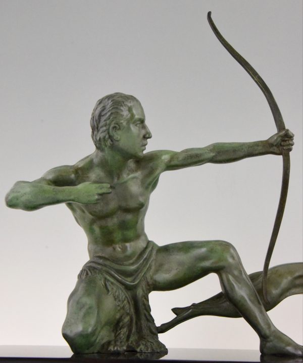 Art Deco bronze sculpture of an archer with hunting dog.