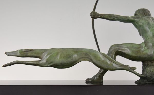 Art Deco bronze sculpture of an archer with hunting dog.