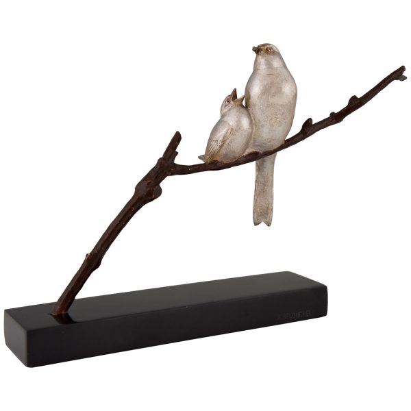 Art Deco bronze sculpture of two birds on a branch.