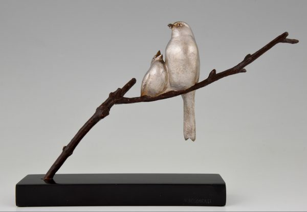 Art Deco bronze sculpture of two birds on a branch.