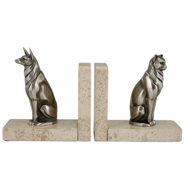 Art Deco Buchstütze Bronze Katze und Hund