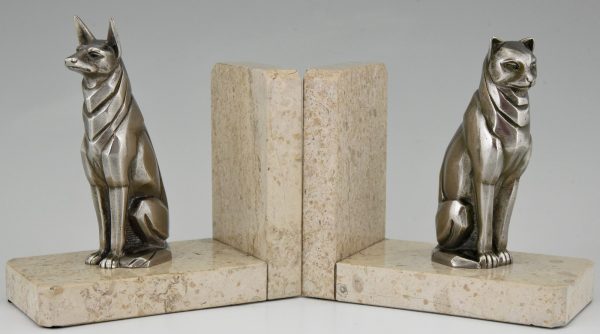 Art Deco cat and dog bronze bookends