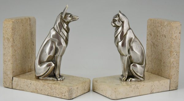 Art Deco serre livres bronze chat et chien