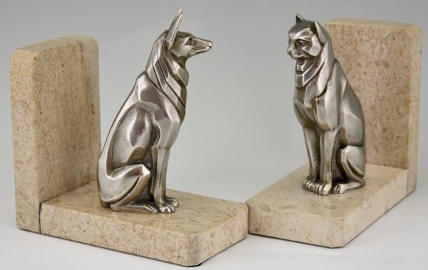 Art Deco serre livres bronze chat et chien