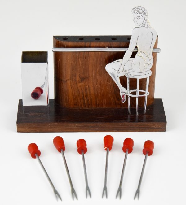 Art Deco cocktail sticks set with girl in bathing suit.