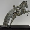 Art Deco sculpture female nude on a rearing horse.