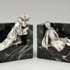 Art Deco silvered bronze bookends Pierrot and girl