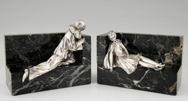 Art Deco silvered bronze bookends Pierrot and girl