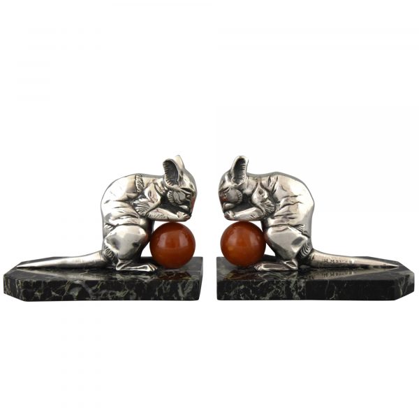 Art Deco silvered mouse bookends