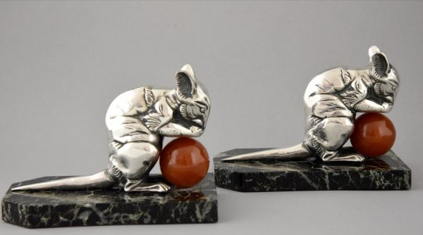 Art Deco silvered mouse bookends