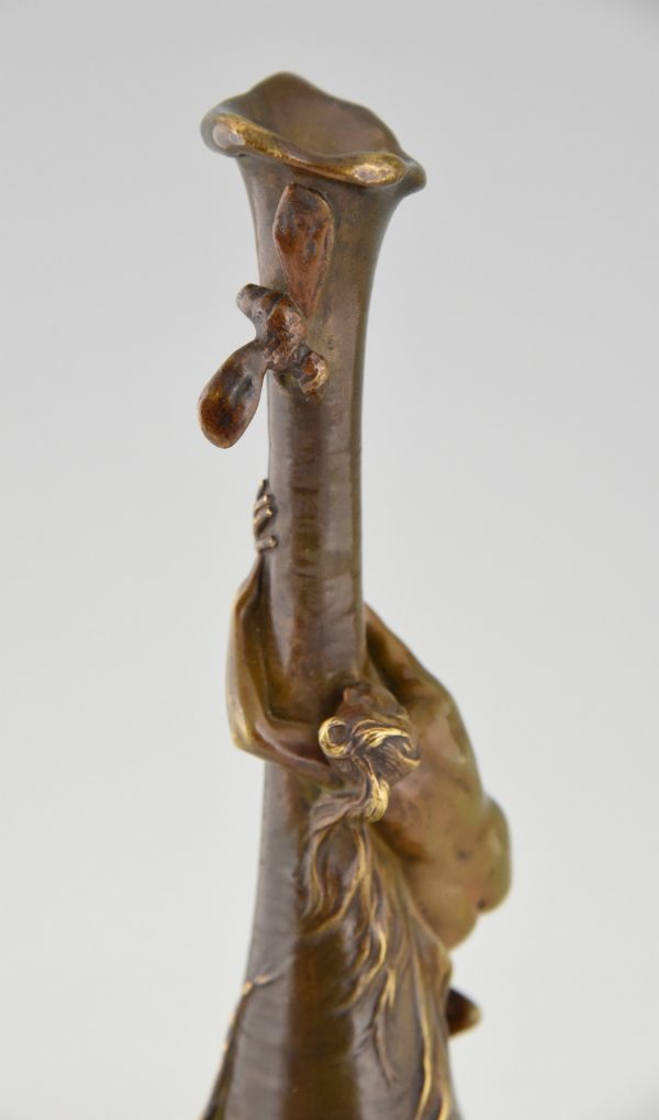 Art Nouveau bronze vase nude and dragonfly