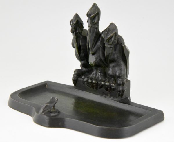 Art Deco pen tray with pelicans and frog