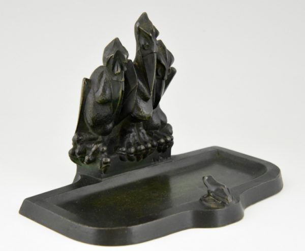 Art Deco pen tray with pelicans and frog