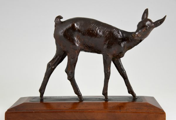 Art Deco bronze sculpture of a deer fawn.