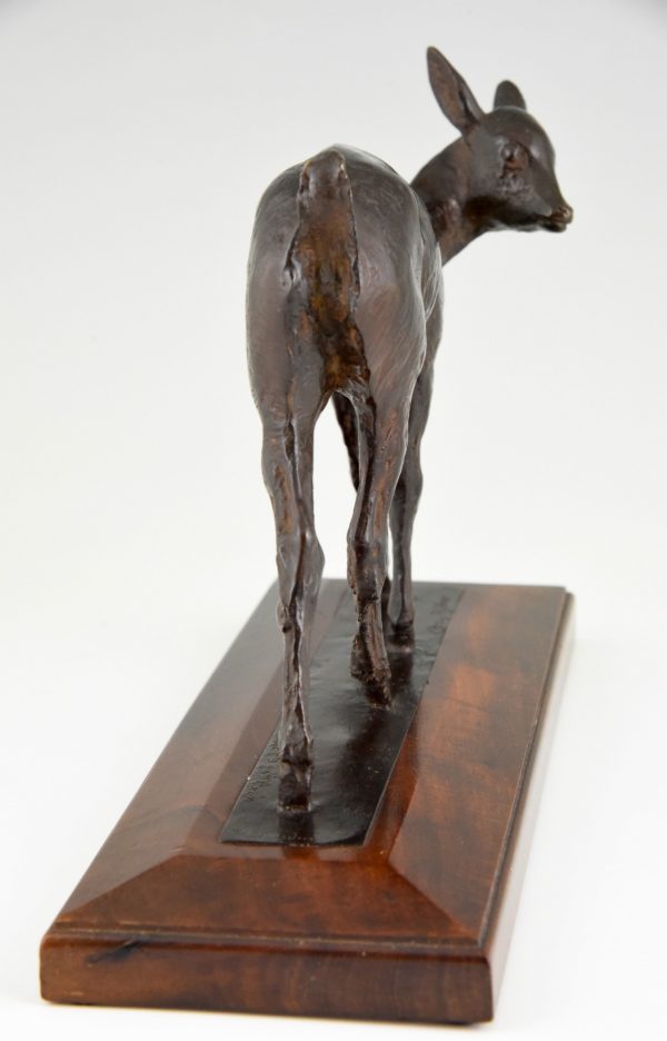 Art Deco bronze sculpture of a deer fawn.