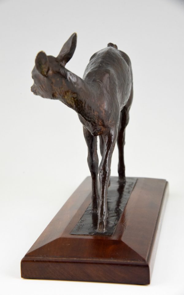 Art Deco bronze sculpture of a deer fawn.