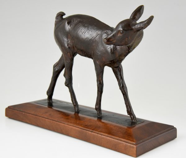 Art Deco bronze sculpture of a deer fawn.