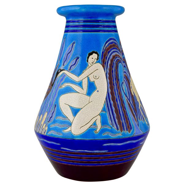 Art Deco ceramic vase with bathing nudes, bird and ibex