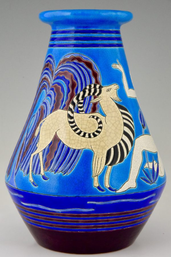 Art Deco ceramic vase with bathing nudes, bird and ibex