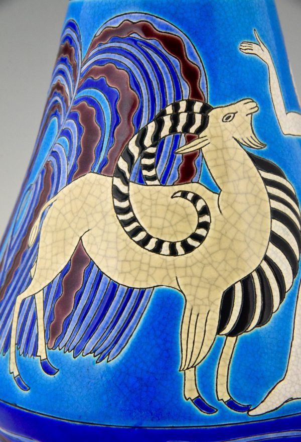 Art Deco ceramic vase with bathing nudes, bird and ibex