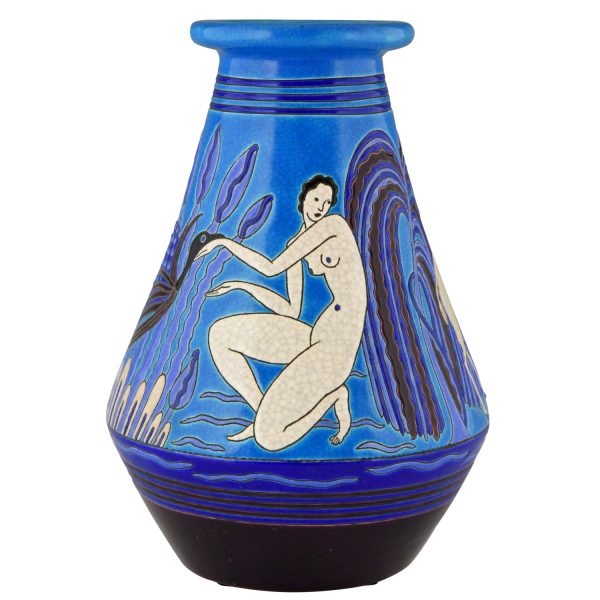 Art Deco Vase Keramik mit badende Akte, Vogel und Steinbock