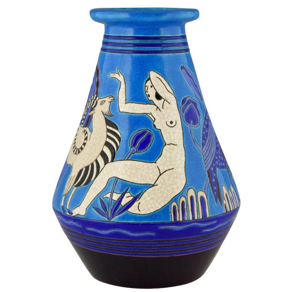 Art Deco ceramic vase with bathing nudes, bird and ibex