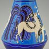 Art Deco ceramic vase with bathing nudes, bird and ibex