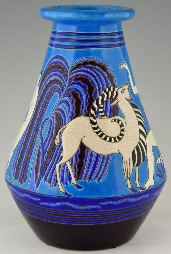 Art Deco ceramic vase with bathing nudes, bird and ibex