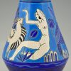 Art Deco ceramic vase with bathing nudes, bird and ibex