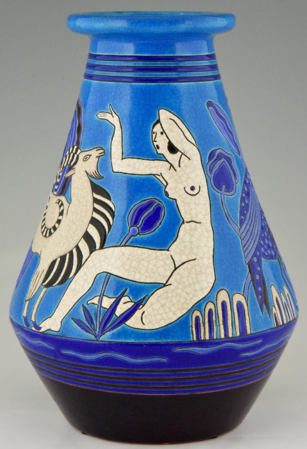 Art Deco ceramic vase with bathing nudes, bird and ibex