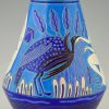 Art Deco ceramic vase with bathing nudes, bird and ibex