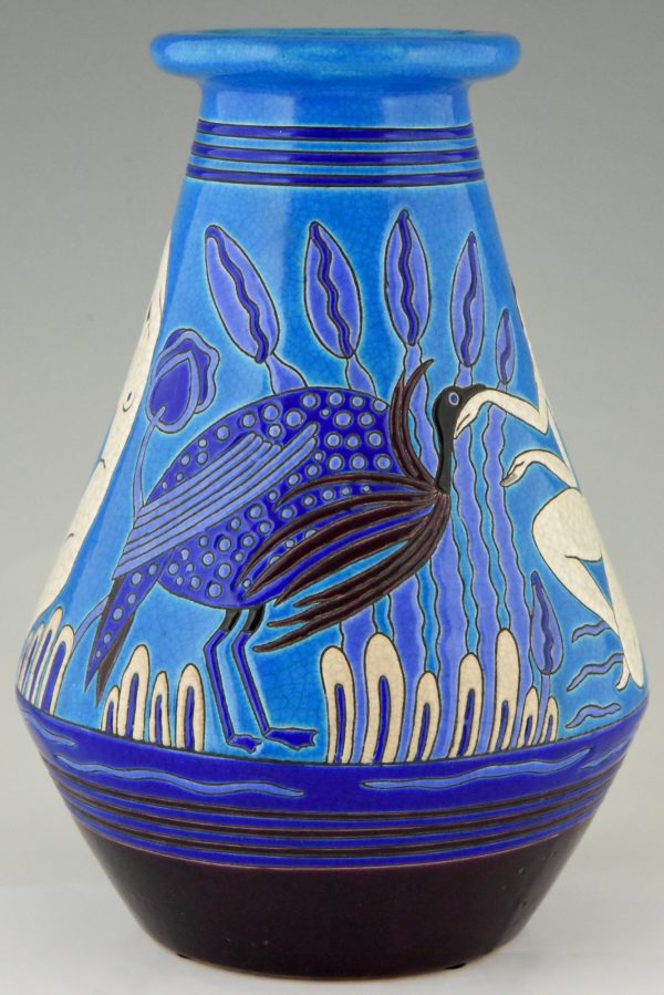 Art Deco ceramic vase with bathing nudes, bird and ibex