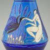 Art Deco ceramic vase with bathing nudes, bird and ibex