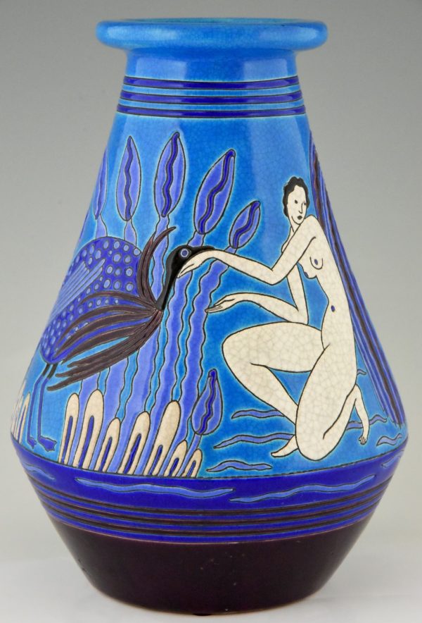 Art Deco ceramic vase with bathing nudes, bird and ibex