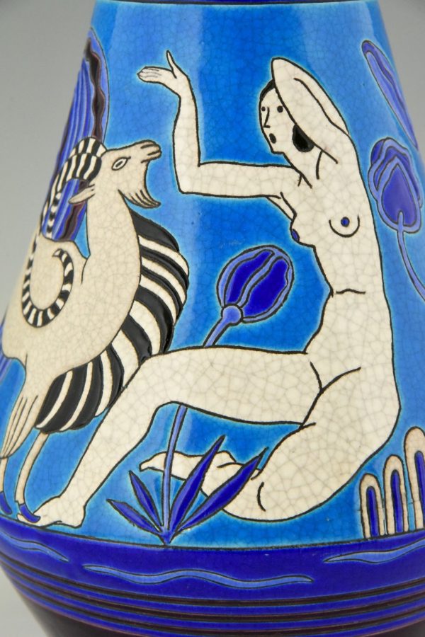 Art Deco ceramic vase with bathing nudes, bird and ibex