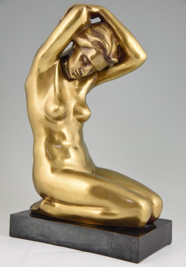 Art Deco bronzen beeld geknielde naakte vrouw