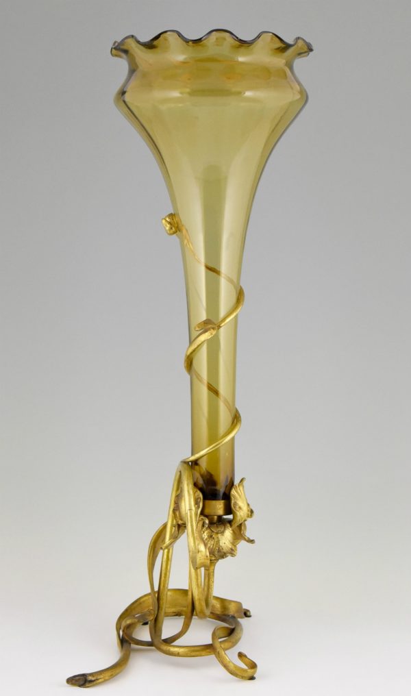 Art Nouveau bronze and glass vase H. 28 inch