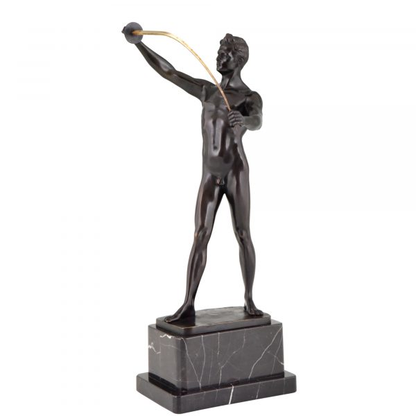 Art Deco bronze sculpture of a male nude fencer.