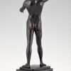 Art Deco bronze sculpture of a male nude fencer.