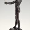 Art Deco bronze sculpture of a male nude fencer.