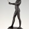 Art Deco bronze sculpture of a male nude fencer.