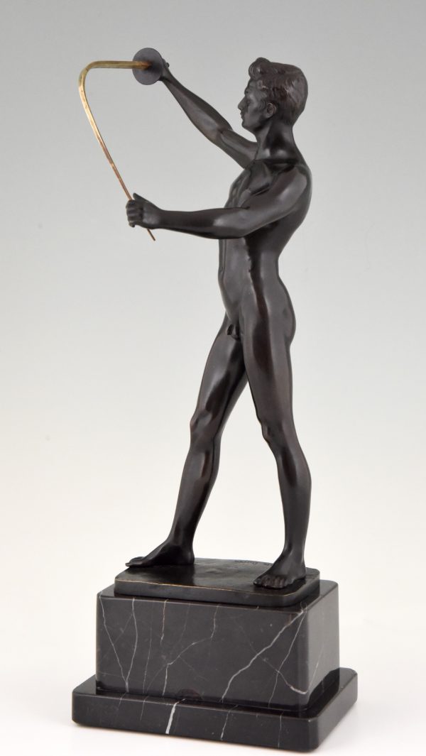 Art Deco bronze sculpture of a male nude fencer.