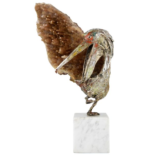 Pelican sculpture, enamelled silver and mineral