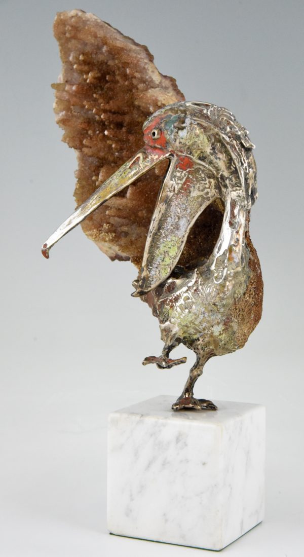 Pelican sculpture, enamelled silver and mineral