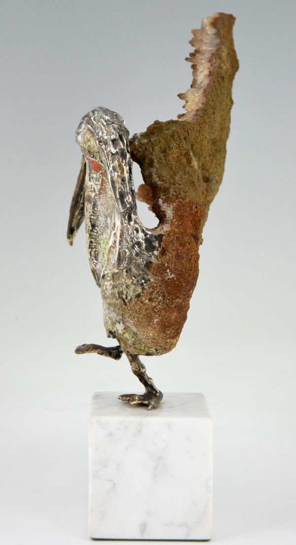 Pelican sculpture, enamelled silver and mineral